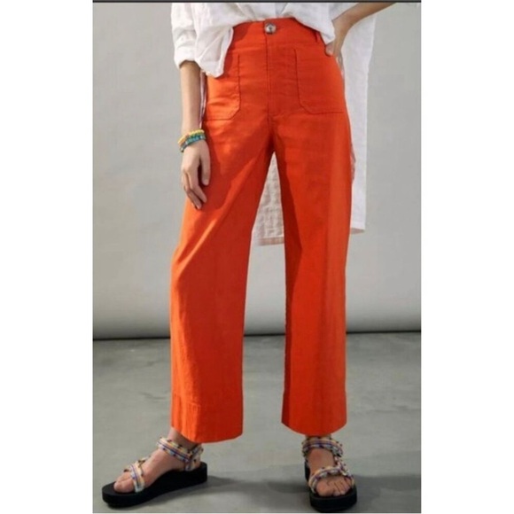 Anthropologie Maeve Colette High Rise Wide Crop Leg Pants Linen Orange size 28 - Picture 2 of 10